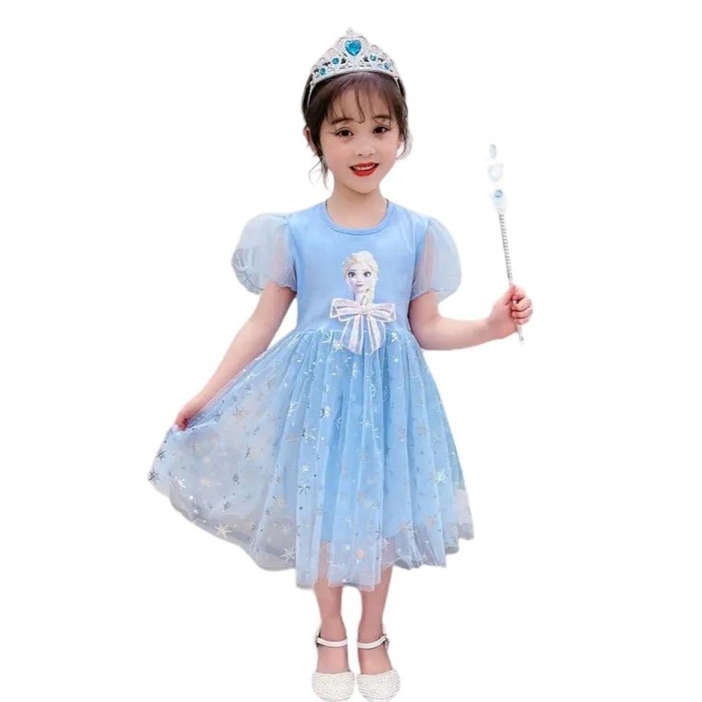 Vestido Niña Genieka Elsa de Frozen Manga Corta con Lazo Princesa