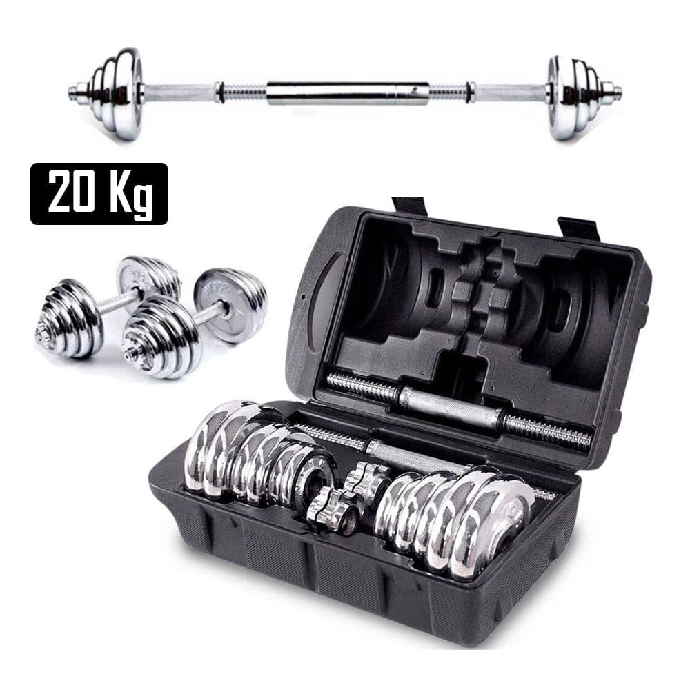 Set de 20 kg Pesas Cromadas Mancuernas Adaptador Maletín